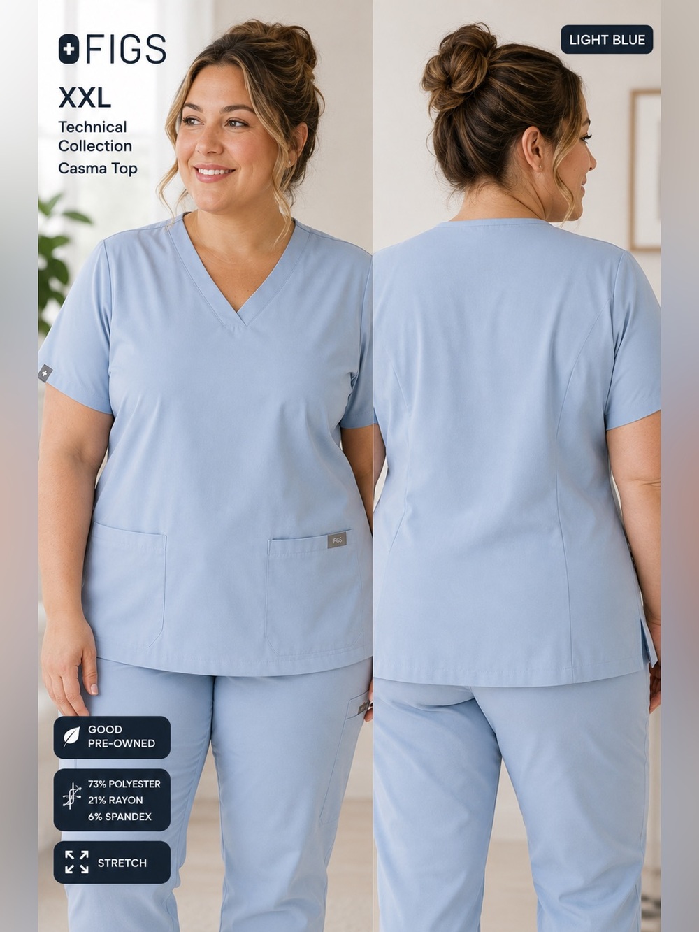 FIGS Casma Scrub Top Womens XXL Light Blue V-Neck Stretch Medical Nurse comfy